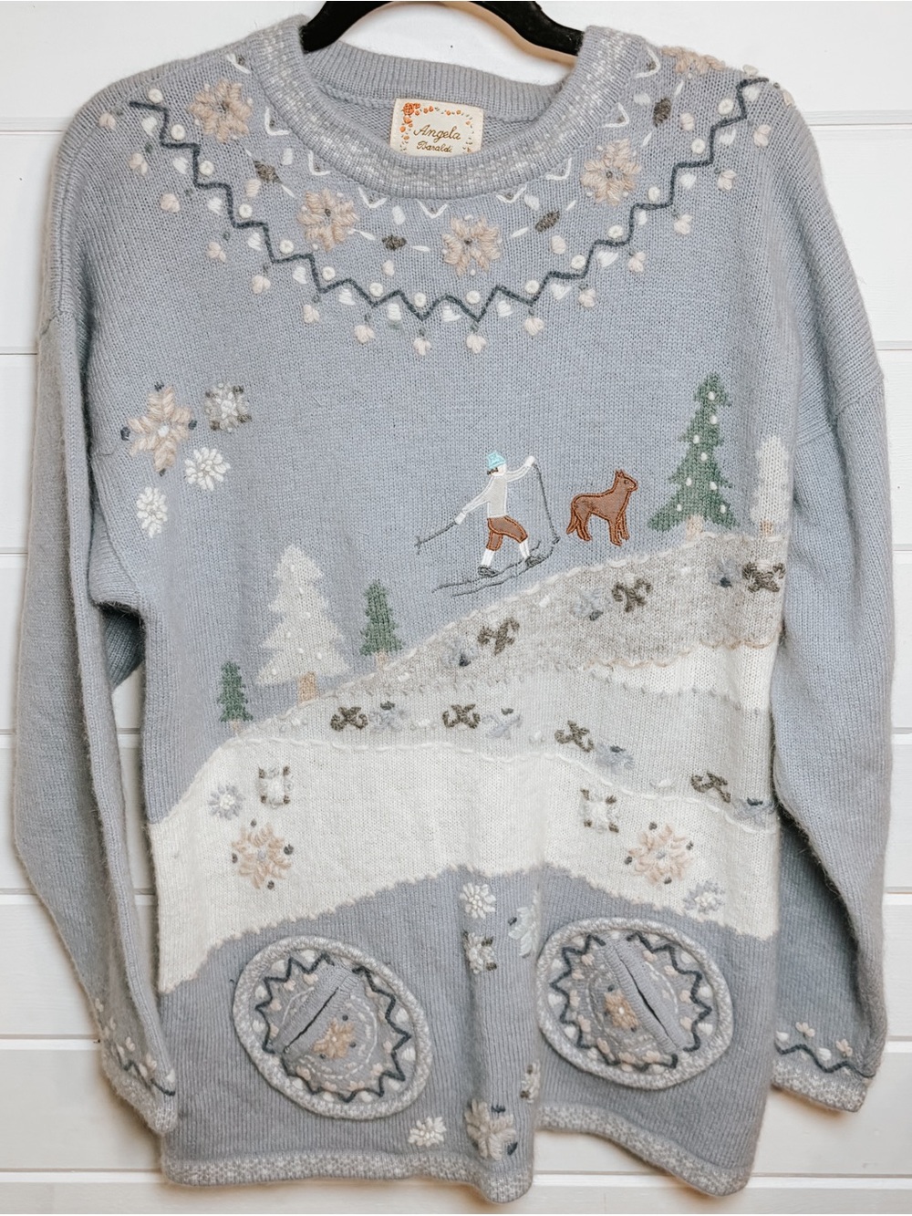 Vintage Angela Baraldi Blue Wool Angora Sweater | Embroidered Skiing